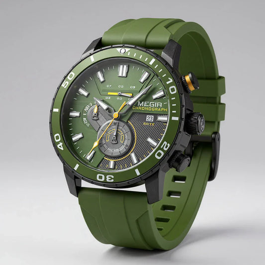 Men's Aurelius Chronomaster Precision Watch with Swiss quartz, ceramic bezel, & black silicone strap.