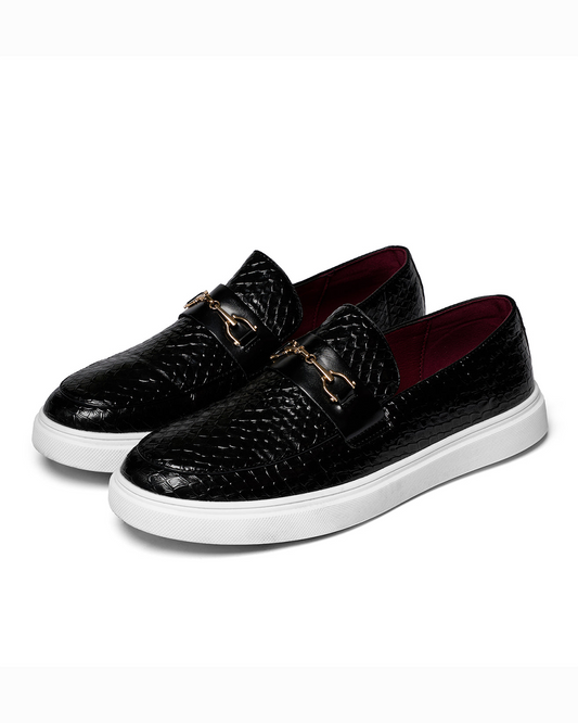 Men's Aureo loafers with embossed snakeskin texture & gold-tone accent. Stylish slip-on shoes for versatile wear.