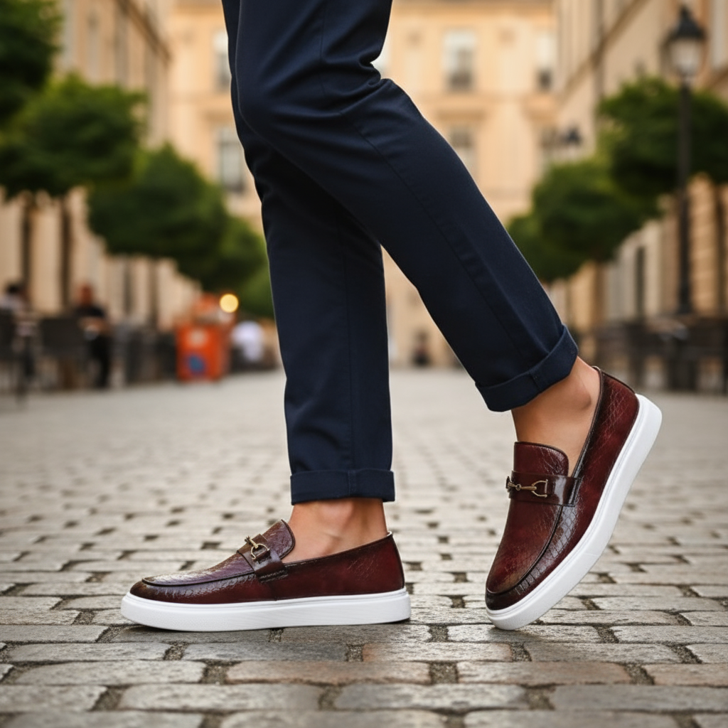 Elevate your look with Aureo dress loafers for men, featuring embossed style & gold accent. Slip-on elegance.