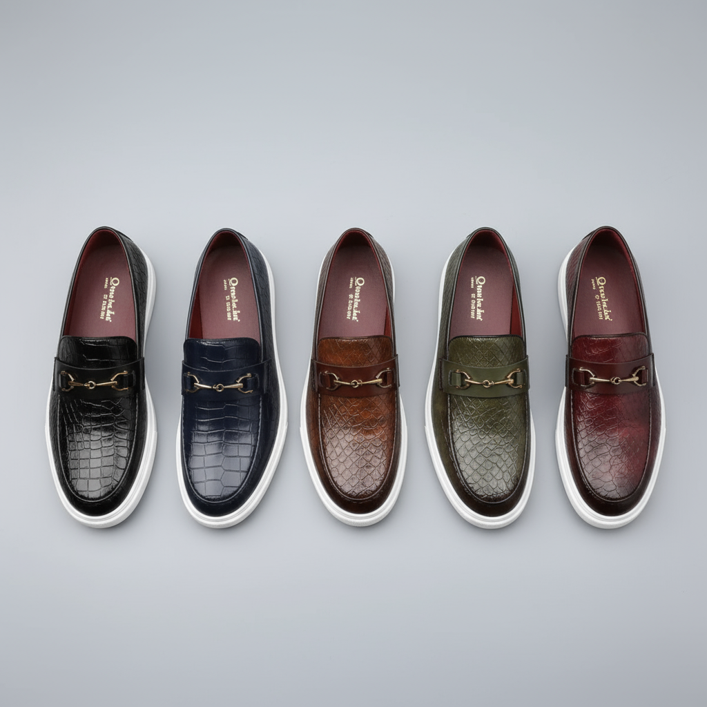 Elegant men's Aureo loafers, slip-on style with unique embossed snakeskin texture and a sophisticated gold bar.