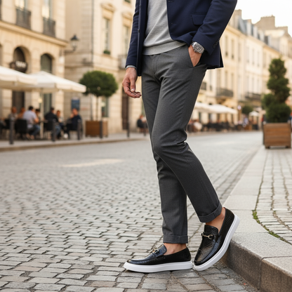 Comfortable Aureo men's loafers, embossed snakeskin pattern & gold detail. Versatile footwear for everyday style.