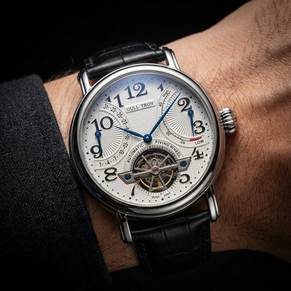 Close-up of a men's luxury automatic watch dial, showcasing precise self-winding movement, silver hands, and subtle branding.
