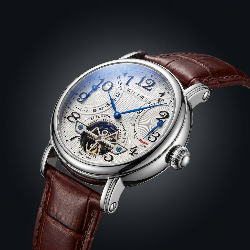 Elegant side view of a men's automatic dress watch, featuring a slim profile, textured crown, and durable stainless steel construction.