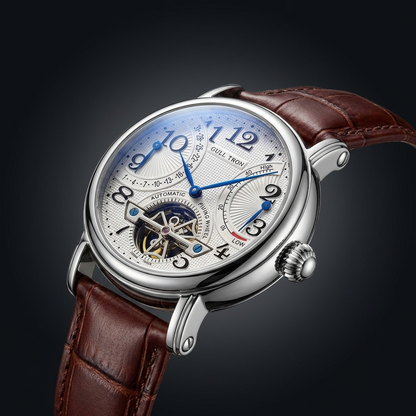 Elegant side view of a men's automatic dress watch, featuring a slim profile, textured crown, and durable stainless steel construction.