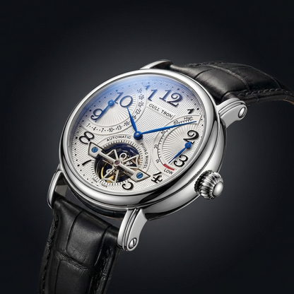 Stylish gentleman wearing a men's automatic self-winding watch, a versatile and luxury timepiece for business or casual wear.
