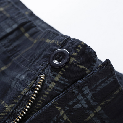 Men's durable check pattern cargo shorts. Ideal for adventure, outdoor activities & casual wear.