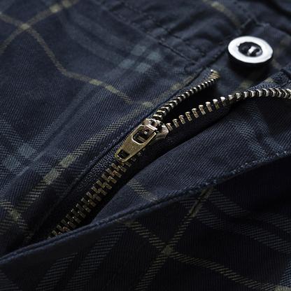 Stylish men's check pattern cargo shorts. Great for adventure, travel, and summer fashion.