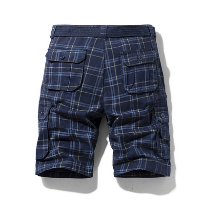 Relaxed fit men's cargo shorts with stylish check pattern. Perfect for travel & outdoor adventures.