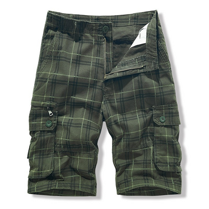 Durable men's adventure shorts. Check pattern cargo design for travel gear & casual wear.
