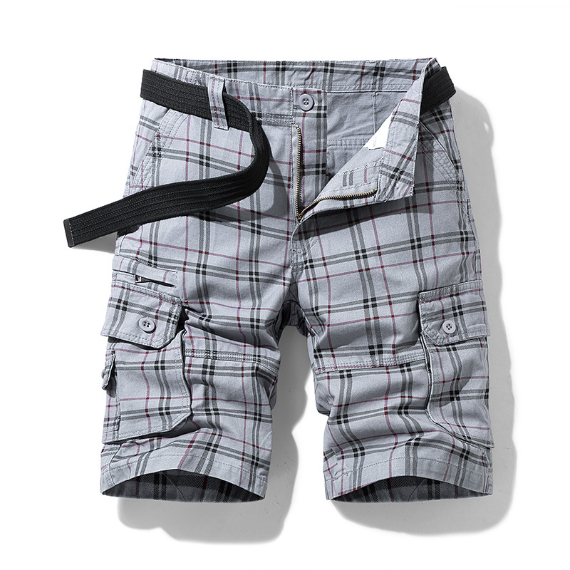 Classic check pattern men's cargo shorts. Versatile for travel, outdoor & summer fashion.