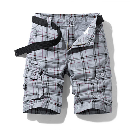 Classic check pattern men's cargo shorts. Versatile for travel, outdoor & summer fashion.