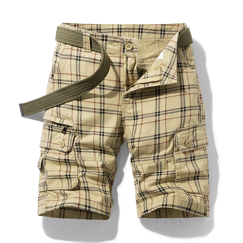 Relaxed fit men's adventure cargo shorts with check pattern. Comfortable for all-day wear.