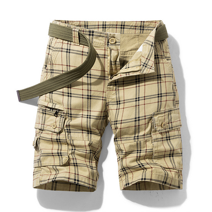 Relaxed fit men's adventure cargo shorts with check pattern. Comfortable for all-day wear.