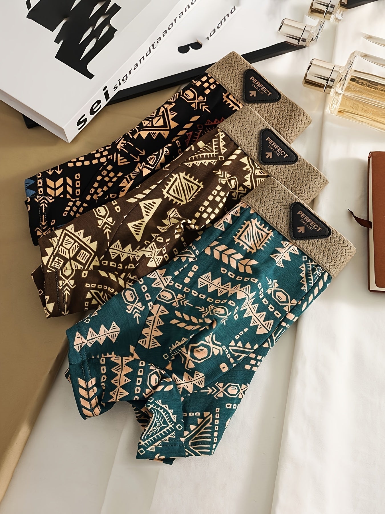 Comfortable men's modal boxer briefs. Anti-chafe, breathable underwear with stretch and Aztec design.