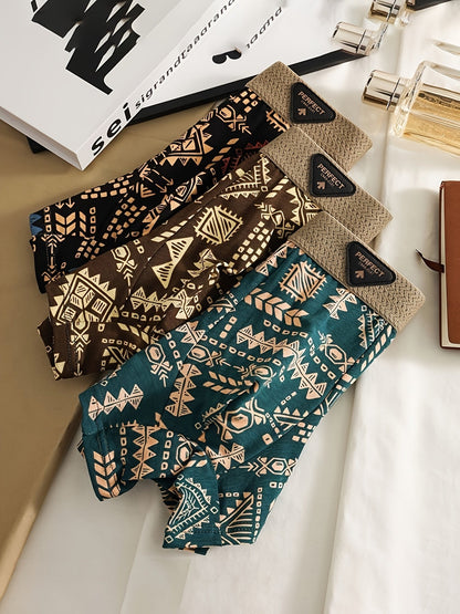 Comfortable men's modal boxer briefs. Anti-chafe, breathable underwear with stretch and Aztec design.