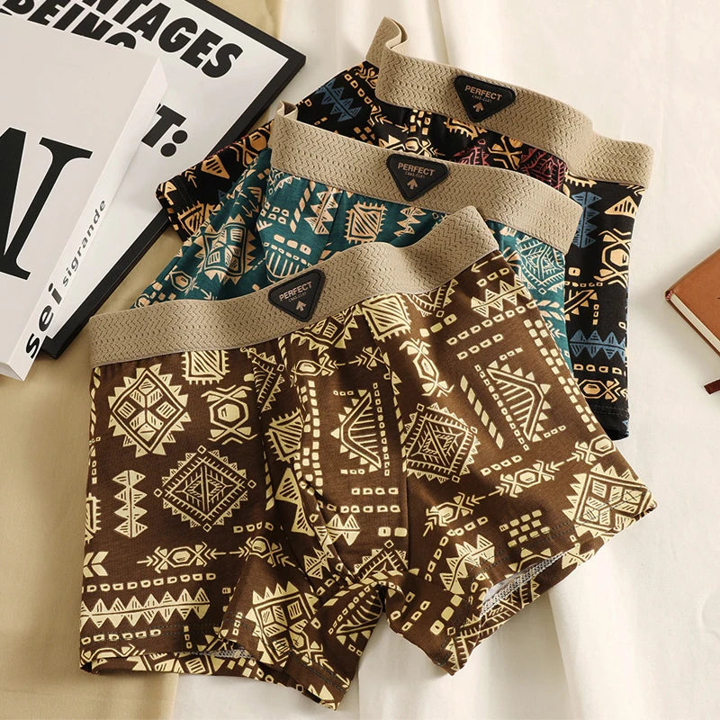 Men's 3-pack Aztec design boxer briefs. Stylish and soft multi-pack underwear for daily comfort.
