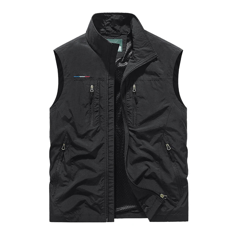 Lightweight men's hiking & fishing vest with breathable mesh & many pockets for outdoor adventures & travel.
