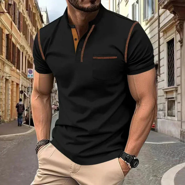 Men's band collar polo shirt, modern fit casual top. Ideal for summer and everyday men's fashion.