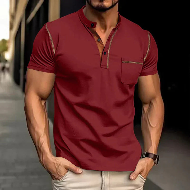 Comfortable men's band collar casual polo shirt. Short sleeve modern fit top for summer & everyday fashion.