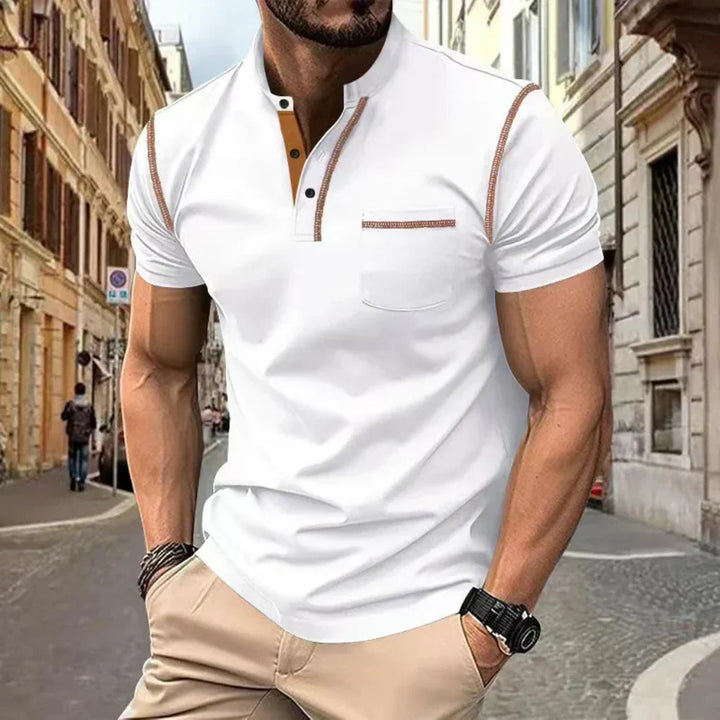 Detail of a men's band collar polo shirt. Shows the stylish collar, short sleeve & modern fit for casual wear.