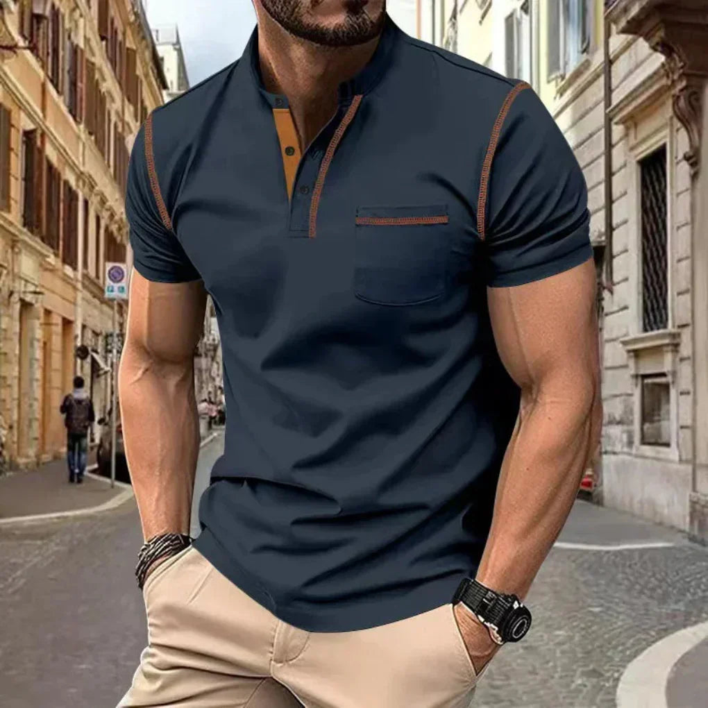 New men's band collar polo shirt. A stylish short sleeve casual top with a modern fit, great for everyday fashion.