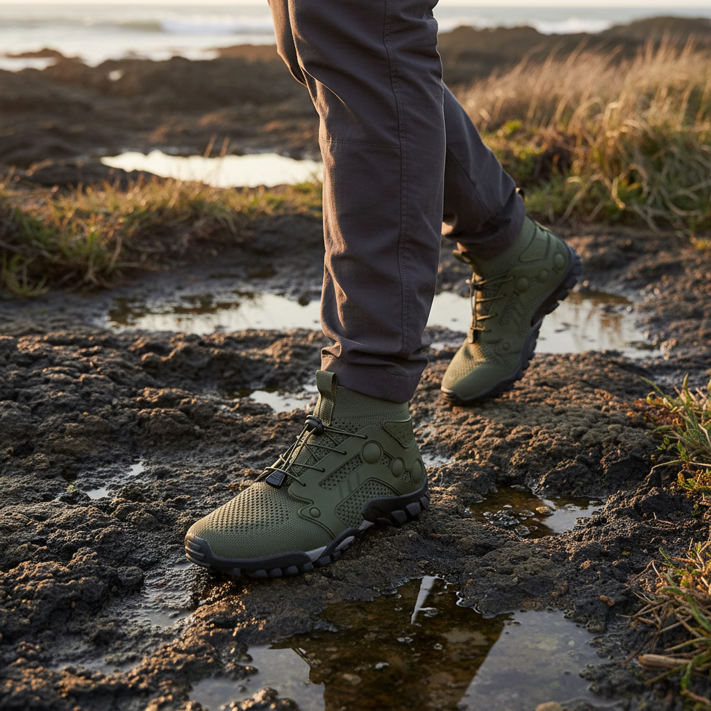 Men's barefoot high-shaft walking shoes, ideal for comfortable trail hiking & outdoor adventure.
