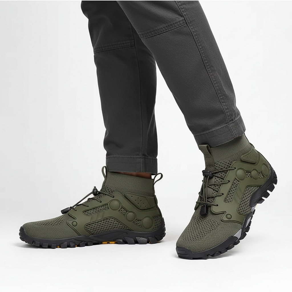Lightweight men's barefoot trail shoes with high shaft, offering breathable comfort & non-slip grip.