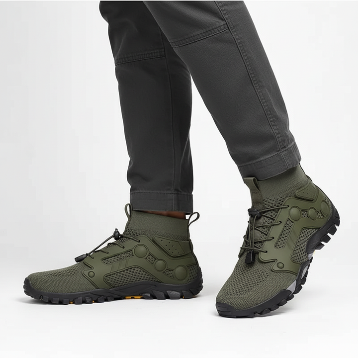 Lightweight men's barefoot trail shoes with high shaft, offering breathable comfort & non-slip grip.