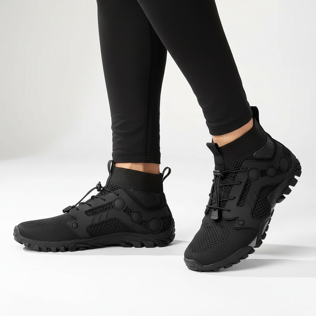 Durable men's high-shaft barefoot shoes for trail and outdoor walking, ensuring ankle support and comfort.