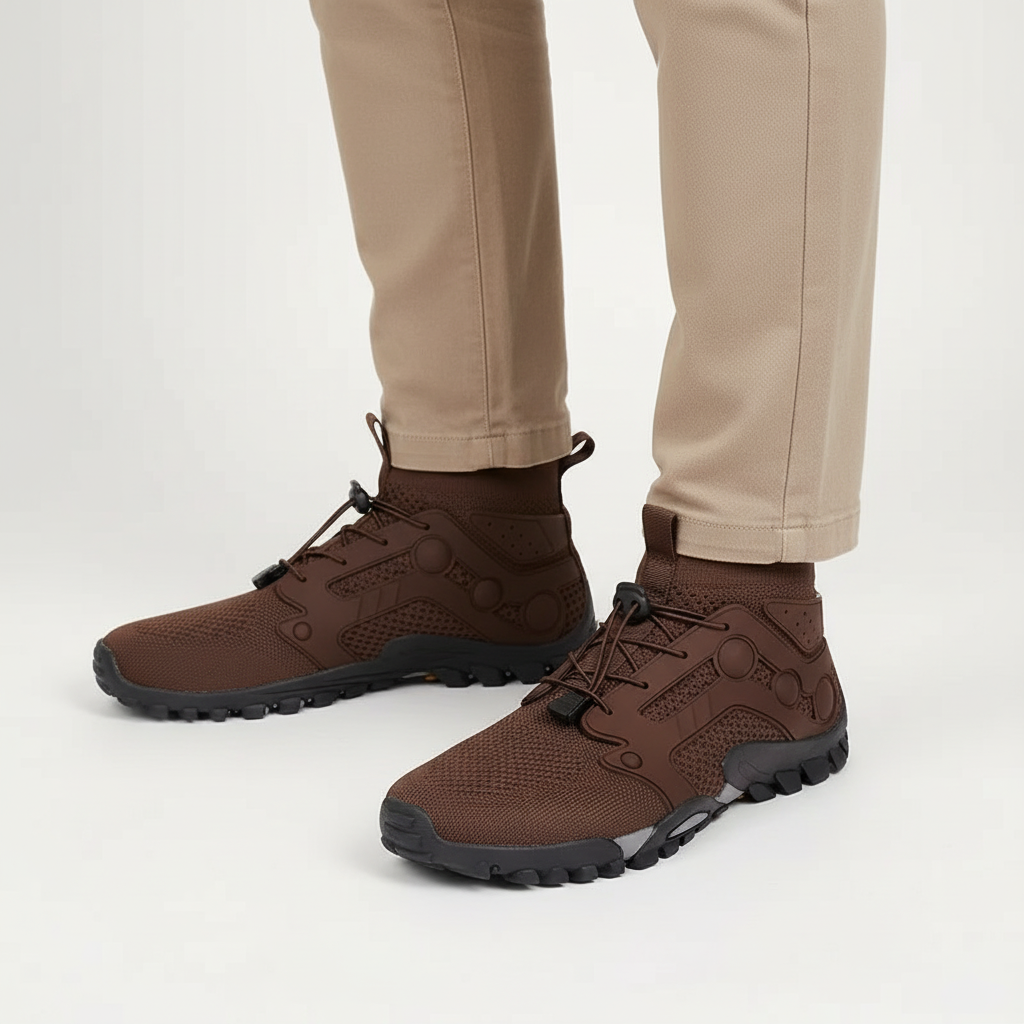 Men's comfortable barefoot high-shaft trail shoes, designed for hiking & outdoor adventure with breathable design.