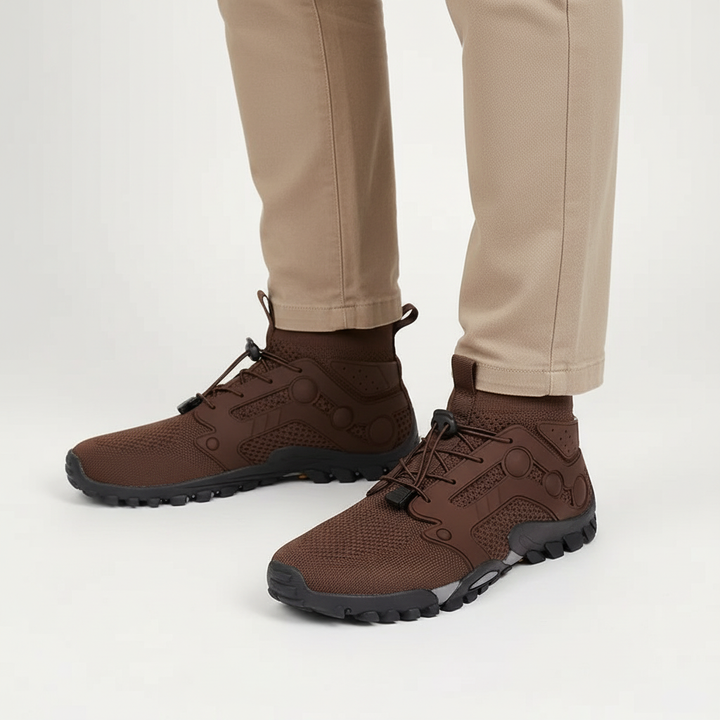 Men's comfortable barefoot high-shaft trail shoes, designed for hiking & outdoor adventure with breathable design.