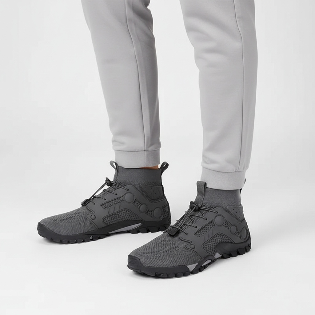 High-shaft men's barefoot shoes for trail walking, combining natural ground feel with essential comfort and support.