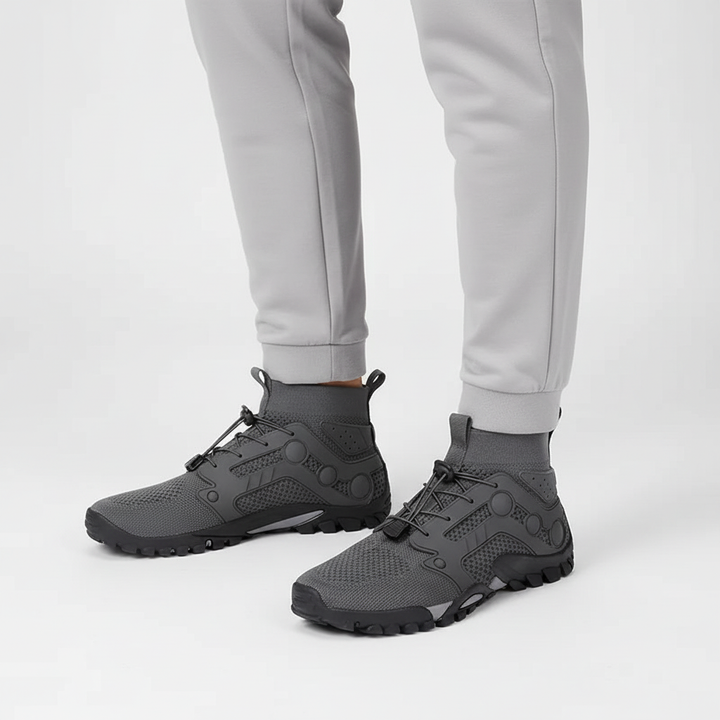 High-shaft men's barefoot shoes for trail walking, combining natural ground feel with essential comfort and support.