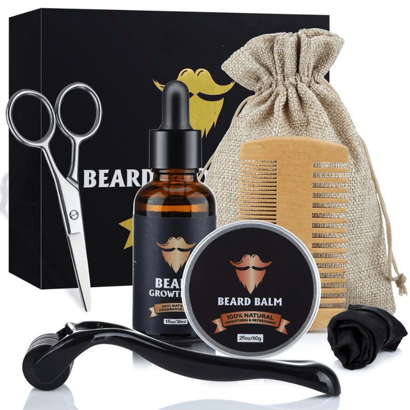 Men's grooming kit to promote healthy beard growth and fullness.