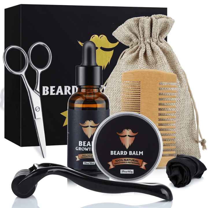 Men's grooming kit to promote healthy beard growth and fullness.