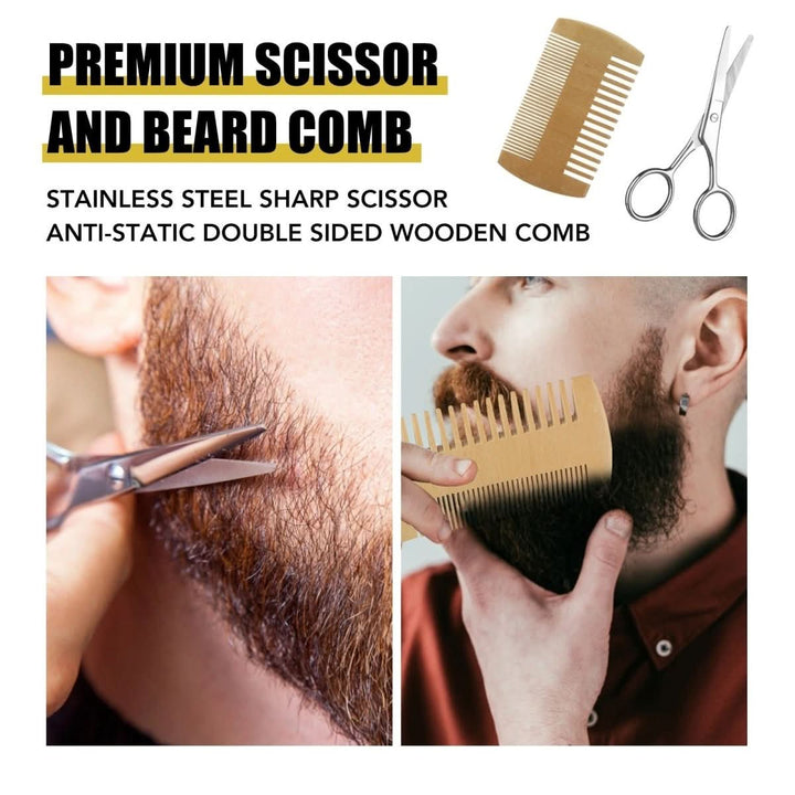 Beard thickening kit with dermaroller and nourishing oil for men.