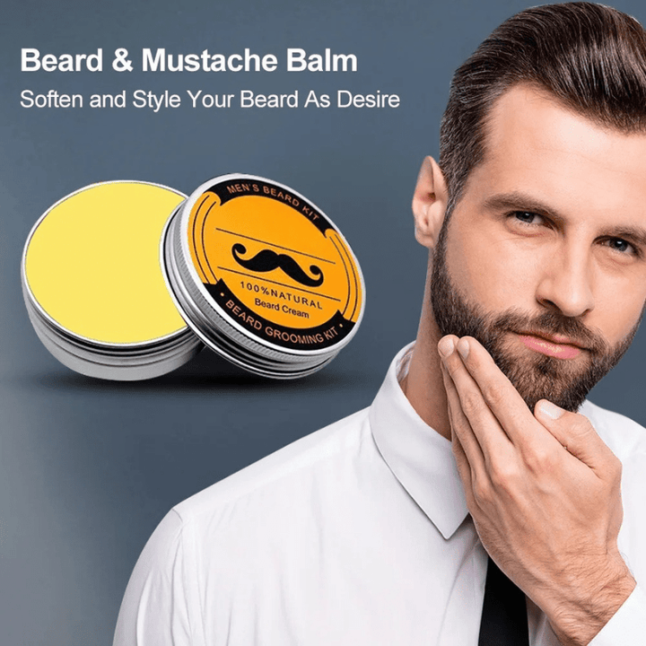 Full beard grooming routine kit: microneedle, beard oil, & balm.