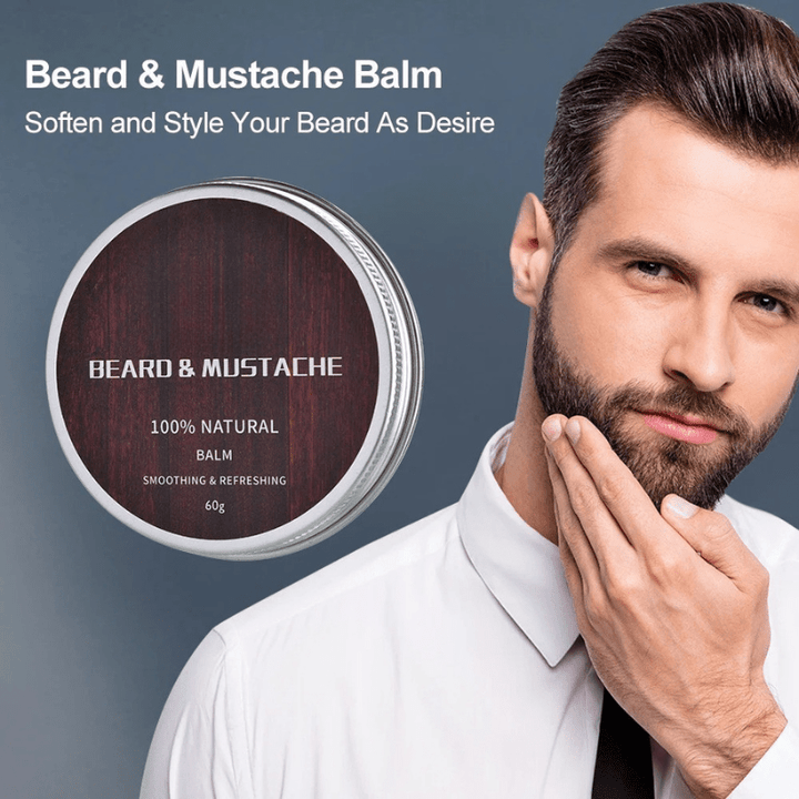 Complete men's beard care kit with dermaroller, oil, & balm for grooming.