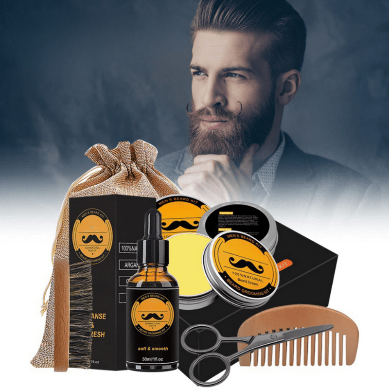 Premium beard growth kit for thick, healthy facial hair; solves patchy beard.