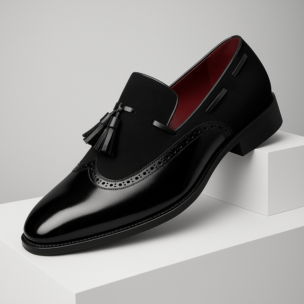 Formal men's tassel loafers featuring elegant brogue detail, perfect for sophisticated style and comfort.