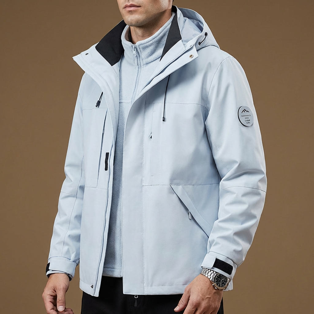 Outdoor gear: Belmont men's performance jacket, warm and windproof for harsh winters.