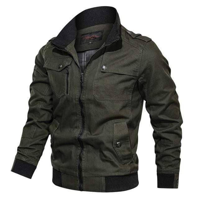 Close-up of a man wearing a military style bomber jacket, focus on cargo pockets and durable fabric detail