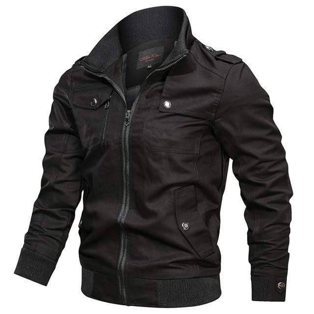Back view of a men's adventure jacket, pilot bomber style, highlighting the rugged design and quality material