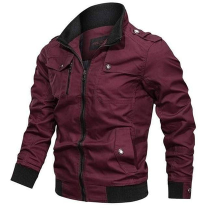 Flat lay of a men's black bomber jacket, cargo pilot style, displaying its full design and versatility