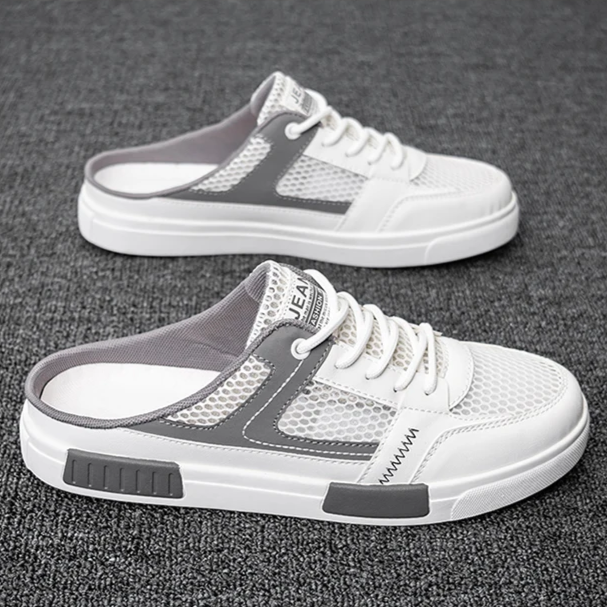 Breathable men's casual footwear: lightweight grey backless sneakers for all-day summer comfort.