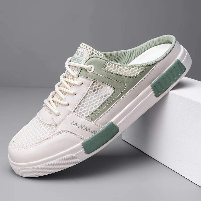 Side view of men's grey slip-on sneakers, highlighting the backless design & casual comfort features.