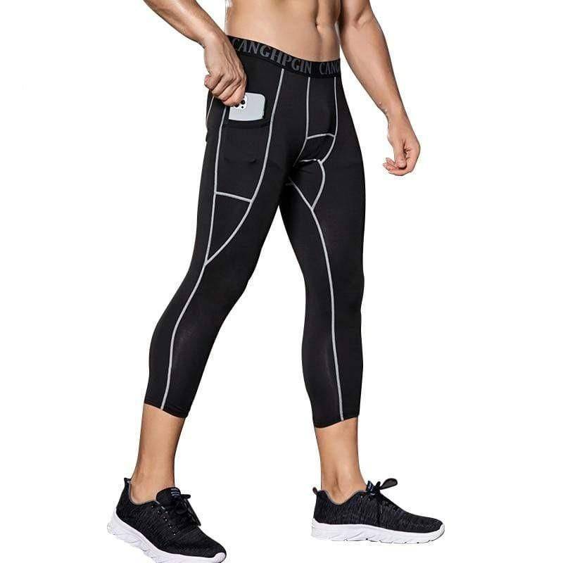 Men's black compression capri leggings for running and gym workouts, athletic design.