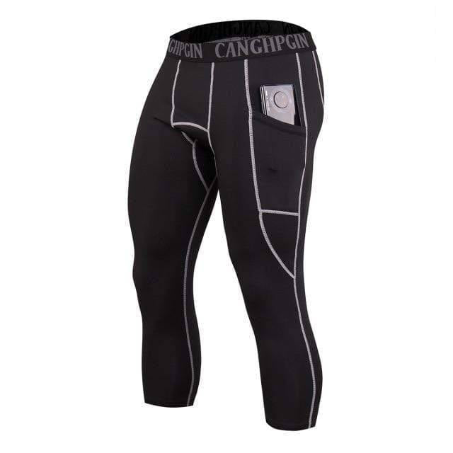Athletic men's compression capris, black design for running, gym, and active sports.