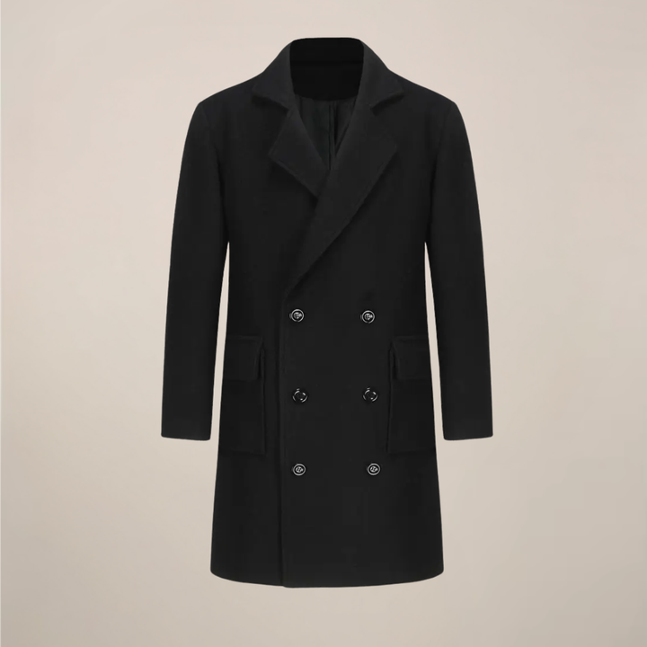 Men's black double-breasted overcoat, tailored for winter business wear. Elegant long formal outerwear.