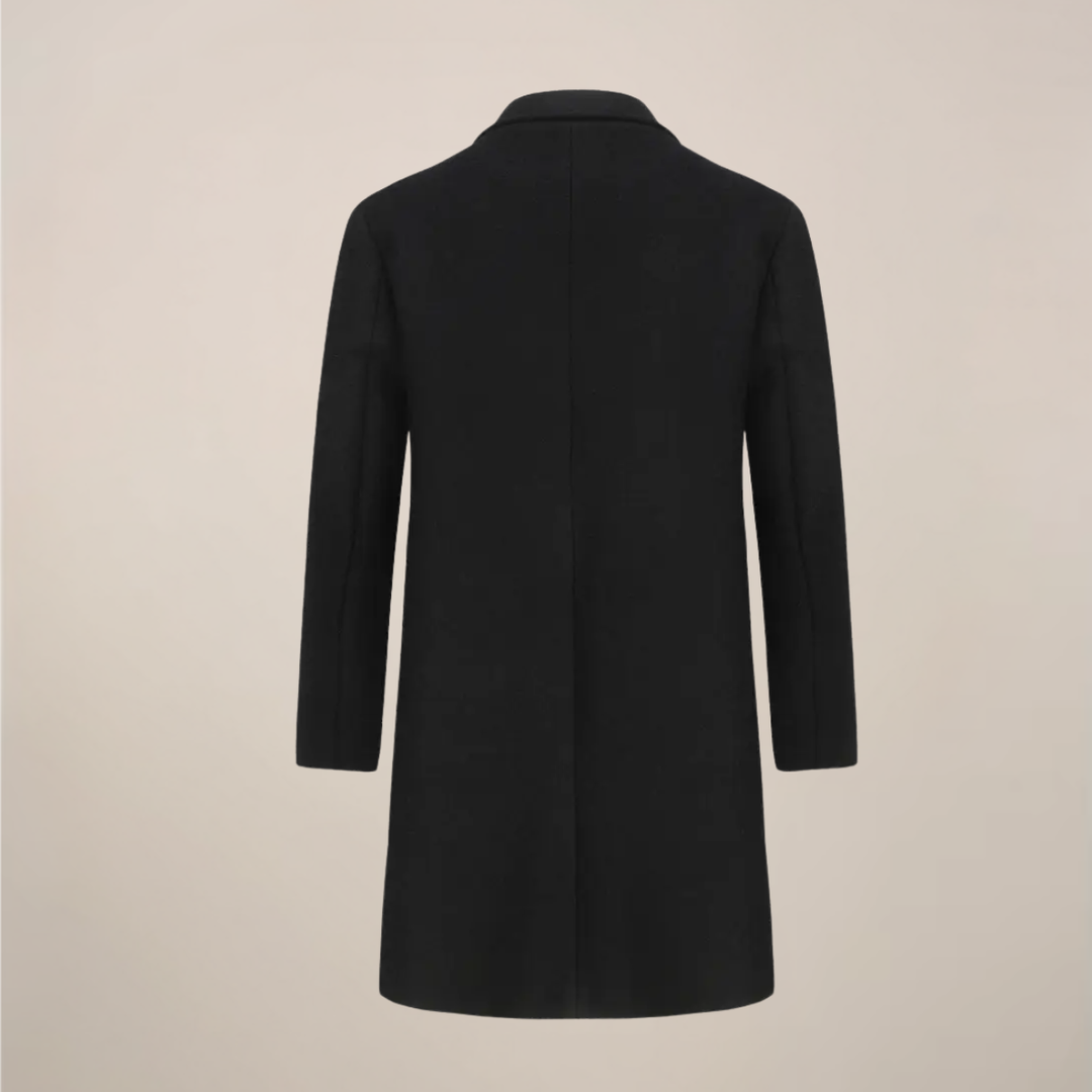 Sophisticated men's black winter overcoat. Double-breasted, long and tailored for elegant business & formal style.